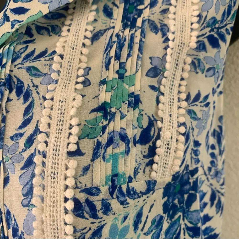 Tory Burch Top Size 2 Silk Floral Print Pompom Trim Button Up Blouse Blue White